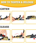 Instructions for tightening and releasing Heavy Duty Retractable Ratchet Straps 1 Inch Wide By 4 Feet Long No Hooks 1650 Lb Break Strength Tie Down Kit