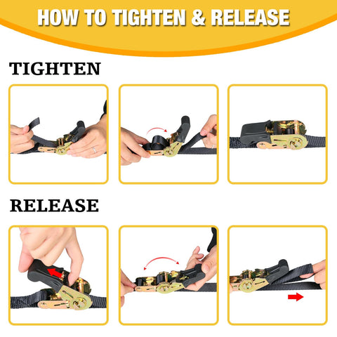 Instructions for tightening and releasing Heavy Duty Retractable Ratchet Straps 1 Inch Wide By 4 Feet Long No Hooks 1650 Lb Break Strength Tie Down Kit