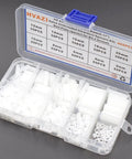 White Nylon Unthreaded Round Spacers, OD 4mm ID 2.8mm For M2.5 Screws, Durable Standoffs For Electronics And 3D Printer Projects, Nonconductive, Precise Fit, Easy Mounting. Assorted white spacers in a clear storage case.