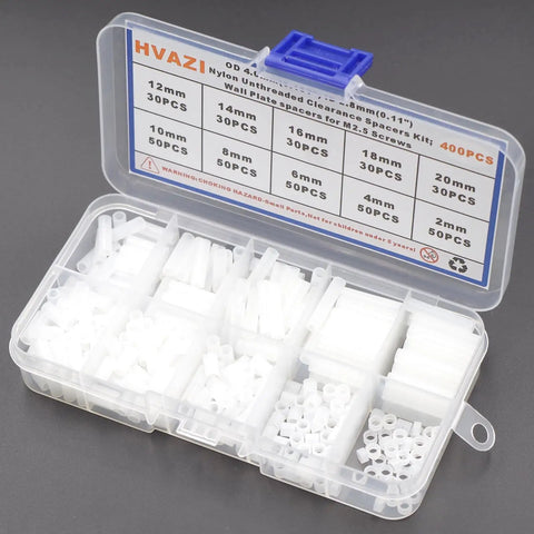 White Nylon Unthreaded Round Spacers, OD 4mm ID 2.8mm For M2.5 Screws, Durable Standoffs For Electronics And 3D Printer Projects, Nonconductive, Precise Fit, Easy Mounting. Assorted white spacers in a clear storage case.