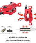 HB876E 4 Piston Ebike Hydraulic Disc Brake Set with power-off sensor, detailed view of red calipers and brake pad components
