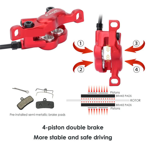 HB876E 4 Piston Ebike Hydraulic Disc Brake Set with power-off sensor, detailed view of red calipers and brake pad components