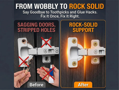 Image showing before and after using Hinge Repair Screw And Expansion Anchor Kit For Wood And Tile, 100 Or 200 Piece Set.