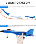 Instructional graphic showing two takeoff methods of SU27 RC Airplane Ready To Fly Glider With 2.4 GHz Remote Control, 6 Axis Gyro.