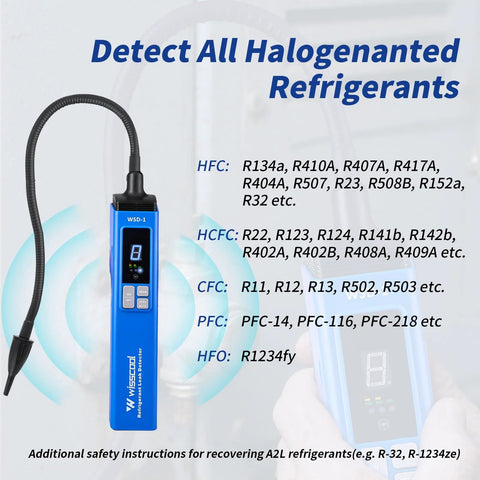 Front view: blue WISSCOOL handheld HVAC leak detector with numeric LCD and flexible probe.