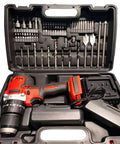 20 Volt Cordless Drill Impact Driver Kit With Two Batteries in case with various bits and accessories for drilling wood, plastic, and light metal.