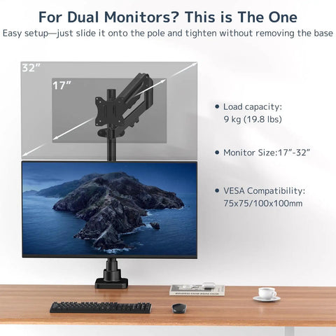 Rugged Pole Mount Monitor Arm Featuring Smooth Gas Spring Design For 17 To 32 Inch Displays with easy dual monitor setup.