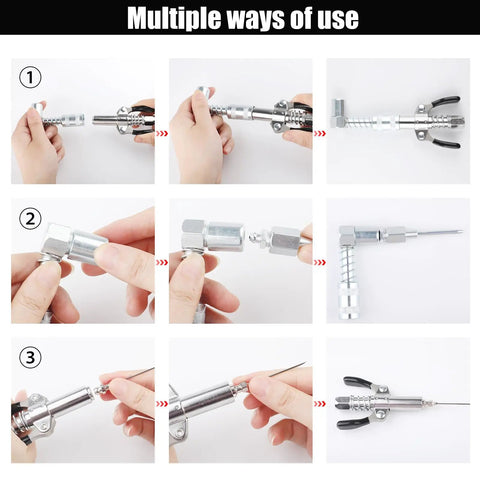 Multiple uses of All In One Grease Gun Accessories Kit With 90 Degree Coupler, Needle Tips, Dispenser, Double Handle for 1/8 NPT