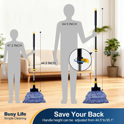 Heavy Duty Wet Mop With Looped End Cotton Mop Head, Industrial Grade String Mop, Telescopic Iron Pole, Adjustable From 44.5 To 55.1 Inches