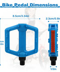 Kid Friendly 1/2 Inch Thread Universal Lightweight Non Slip Nylon Flat Pedals For Kids Bikes, Blue with Dimensions Display