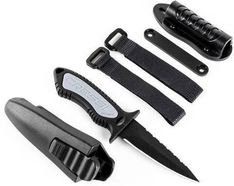 Grip Spear Knife 6.8 Inch Black for Spearfishing and Underwater Hunting with sheath and straps, stainless blade