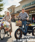 Alaskan Electric Tricycle For Adults With 48V 15Ah Rear Motor Three Wheel Cargo Trike With Large Basket 20 Inch 6061 Aluminum Folding Ebike Frame Blue, shown with grocery baskets