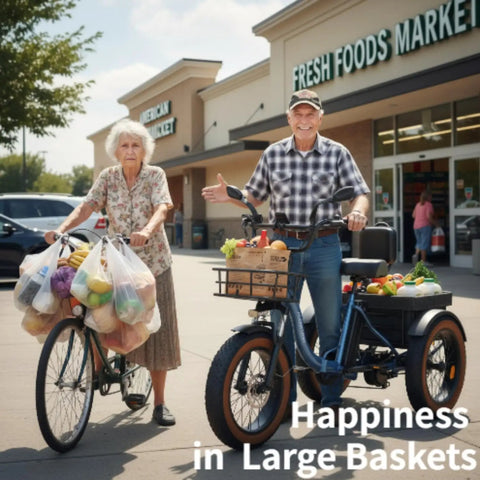 Alaskan Electric Tricycle For Adults With 48V 15Ah Rear Motor Three Wheel Cargo Trike With Large Basket 20 Inch 6061 Aluminum Folding Ebike Frame Blue, shown with grocery baskets