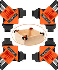 90 Degree Angle Clamps For Woodworking Corner Clip Right Angle Fixer 4 Pack in orange and black with a wooden box setup