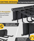 66 Inch Heavy Duty Garage Tool Organizer Wall Mount Rack With 720lbs Capacity And Adjustable Hooks For Rakes Brooms Shovels Snowboards And Garden Tools Built From Anti Rust Steel, close-up of black coated hooks and rubber pads for durability