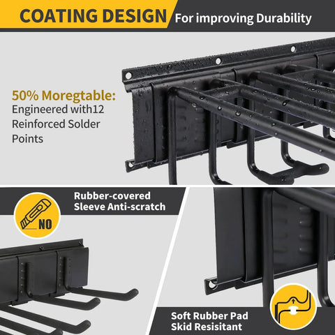 66 Inch Heavy Duty Garage Tool Organizer Wall Mount Rack With 720lbs Capacity And Adjustable Hooks For Rakes Brooms Shovels Snowboards And Garden Tools Built From Anti Rust Steel, close-up of black coated hooks and rubber pads for durability