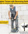 Construction worker using Beast Mode 10 Amp Corded Drill Mixer Kit With Five Eighth Inch Chuck on concrete in work overalls