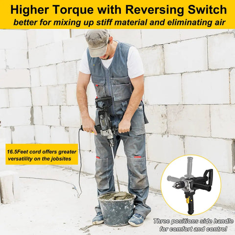 Construction worker using Beast Mode 10 Amp Corded Drill Mixer Kit With Five Eighth Inch Chuck on concrete in work overalls
