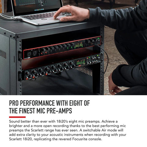 Person using Eight Input USB Audio Interface With Air Preamps for recording on studio setup