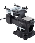 Rock Solid Five Inch Workbench Vise With Knockout Grip Smooth Non Marring Jaws And Heavy Duty Locking Mechanism side view showing durable cast iron construction