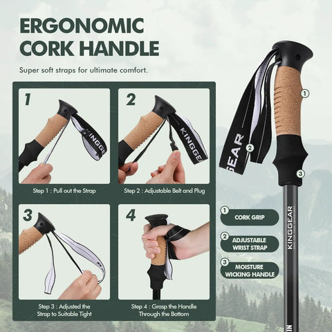 Ergonomic cork handle of ultra lightweight retractable trekking poles with 7075 aluminum, adjustable strap instructions.