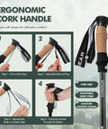 Ergonomic cork handle with wrist strap of Go To Nordic Walking Poles For Hiking And Trekking, Retractable 7075 Aluminum.