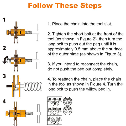 Instructions for using Pro Grade Bike Chain Repair Tools Kit With Chain Breaker Master Link Pliers Wear Indicator And 3 Pairs Missing Links