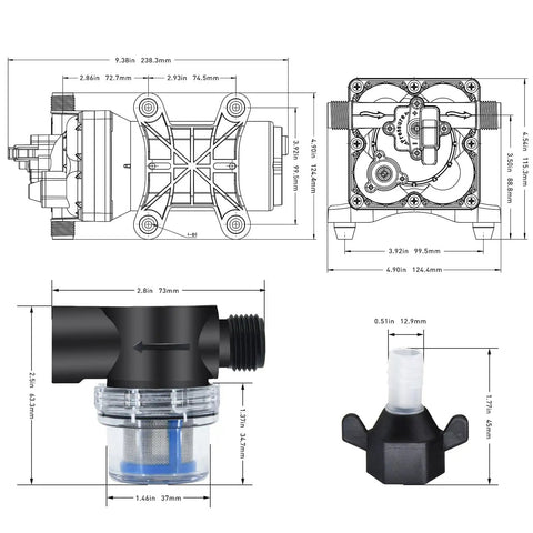 Technical diagram of Water Pressure Booster Pump For Home And RV 110V Self Priming Diaphragm Pump Delivers 5.5 GPM And Adjustable 30 To 75 PSI
