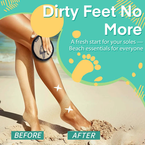 Beach Sand Remover Wipe Mitt For Easy Cleanup On The Go Family Friendly Sand Eraser Quick Dry Beach Day Essential Travel Must Have For Vacations And Cruises Towels Gear For All Ages used on sandy leg showing before and after effect on beach