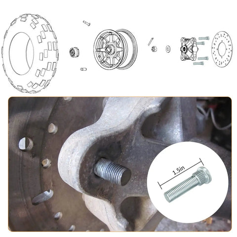 Hella Tough 16 Piece Wheel Studs Kit With Zinc Plated Finish For Polaris Ranger Sportsman RZR ACE And Utility ATVs 400 500 570 800 Off Road Upgrade Hardware close-up of zinc plated wheel stud on ATV