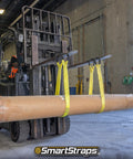 Forklift using Beefy 2x6 Nylon Webbing Sling 6,400 Lb Vertical Lifting Capacity for Choker and Basket Lifts to hoist a large tube.
