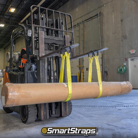 Forklift using Beefy 2x6 Nylon Webbing Sling 6,400 Lb Vertical Lifting Capacity for Choker and Basket Lifts to hoist a large tube.