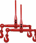 Heavy Duty Two Pack 5/16 Inch Grade 70 Ratchet Load Binders, red finish, with 5400 lbs working load limit, hooks visible