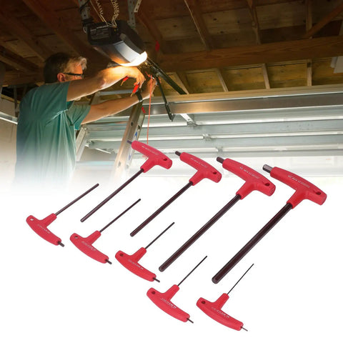 Premium S2 Steel Hex Key Set With T Handle Tools For Automotive Repair And Machinery Maintenance, Featuring Rust Coating And Durable Metric Wrench Kit That Slays Any Tight Bolt Job. Red T-handle hex keys used on garage machinery, metric sizes
