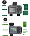 Dual zone water timer for upgraded 16 nozzle oscillating sprinkler with LCD display and control buttons for garden irrigation.
