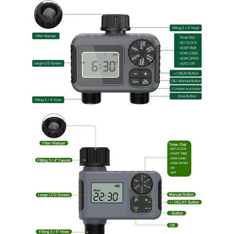 Dual zone water timer for upgraded 16 nozzle oscillating sprinkler with LCD display and control buttons for garden irrigation.