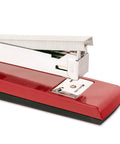 Red stapler loaded with Premium One Quarter Inch Staples, 210 Per Strip, Five Pack, 5000 Per Box, Heavy Duty Steel Wire, 135,000 PSI Strength.
