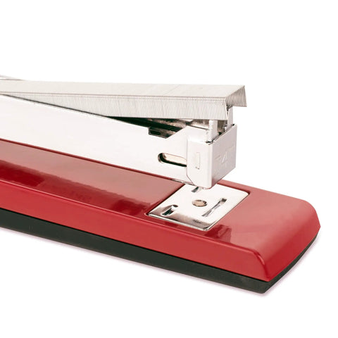 Red stapler loaded with Premium One Quarter Inch Staples, 210 Per Strip, Five Pack, 5000 Per Box, Heavy Duty Steel Wire, 135,000 PSI Strength.
