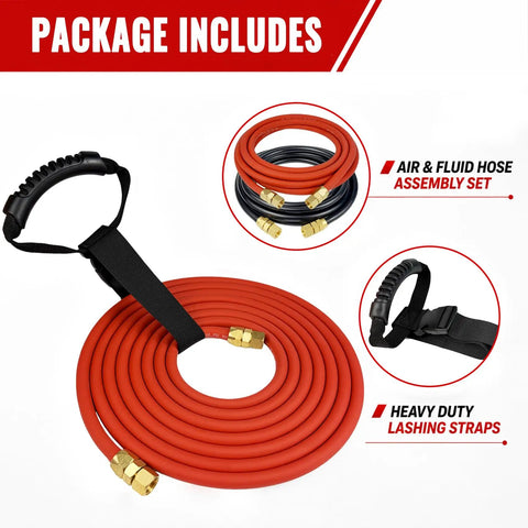 High End 15 FT Air And Fluid Hose Set Built For Spray Guns And Paint Pressure Pot Tanks Pro Grade 3 8 Inch Air Line, coils and lashing straps