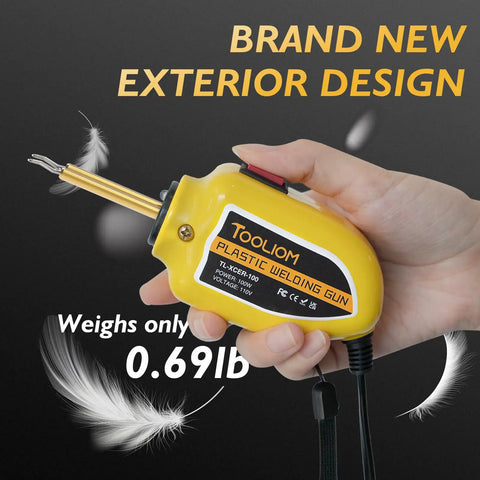 Hand holding yellow 100W Plastic Welder Hot Stapler Kit With 400 Staples 110V Quick Heat For Car Bumper Crack Repair And Kayak Dents