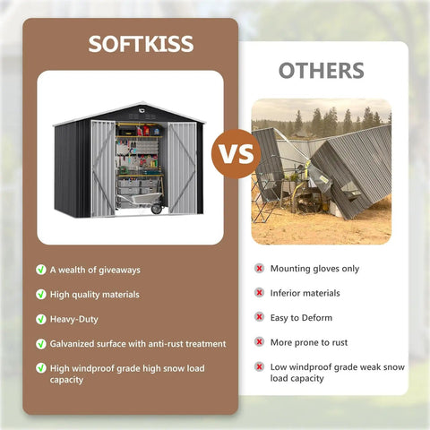 Comparison chart featuring 10x8 Foot Metal Outdoor Storage Shed With Lockable Doors vs other sheds, highlighting build quality and durability.
