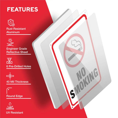 Heavy Duty No Smoking Signs For Business And Restaurants, 10 X 7 Inch Aluminum Metal No Vaping Wall Plaque With Rounded Edges, Rust Free Easy Hang Indoor Outdoor 4 Pack features rust-resistant aluminum with pre-drilled holes.
