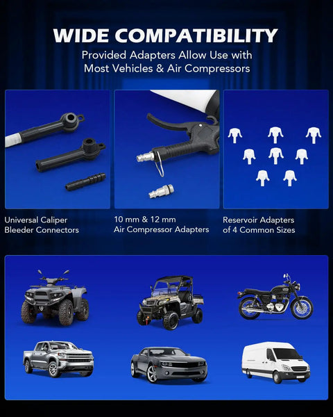 One Person Brake Bleeder Kit With 1.06 Quart Reservoir And Vacuum Fluid Extractor Includes 8 Master Cylinder Adapters shown with vehicles