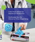 Box of Blue Nitrile Gloves Medium Size 1000 Count Durable Latex Free Powder Free Food Safe with person pulling out a glove