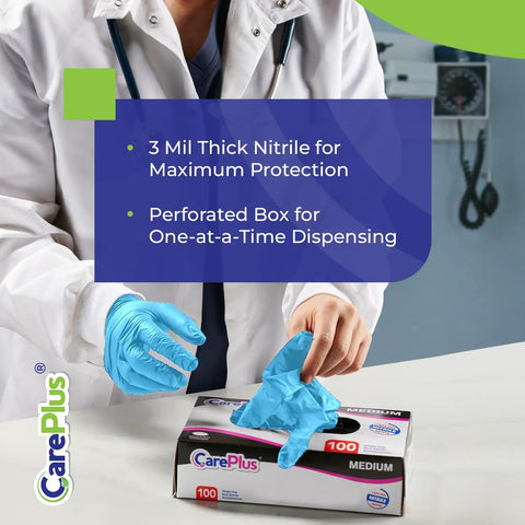 Box of Blue Nitrile Gloves Medium Size 1000 Count Durable Latex Free Powder Free Food Safe with person pulling out a glove
