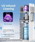 Self Cleaning Water Cooler Dispenser For Three To Five Gallon Bottles Bottom Load With Hot Cold And Room Temperature Water, Child Safety Lock, Empty Bottle Alert, White, showcasing UV-infused cleaning technology.