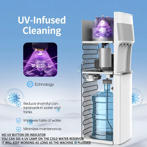Self Cleaning Water Cooler Dispenser For Three To Five Gallon Bottles Bottom Load With Hot Cold And Room Temperature Water, Child Safety Lock, Empty Bottle Alert, White, showcasing UV-infused cleaning technology.
