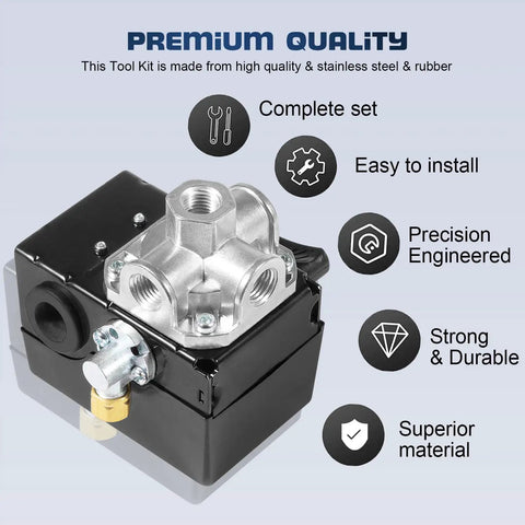 Pressure Switch With Unloader And On Off Lever 135 To 175 PSI For Reciprocating Air Compressor Replacement Part