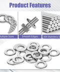 Flat washer set, 304 stainless steel, metric sizes M2–M12, 1100 pcs