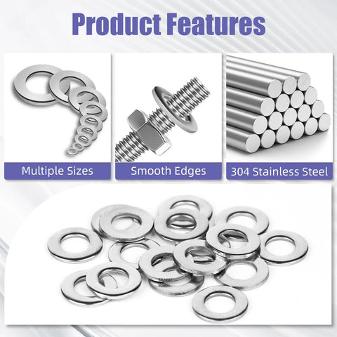 Flat washer set, 304 stainless steel, metric sizes M2–M12, 1100 pcs